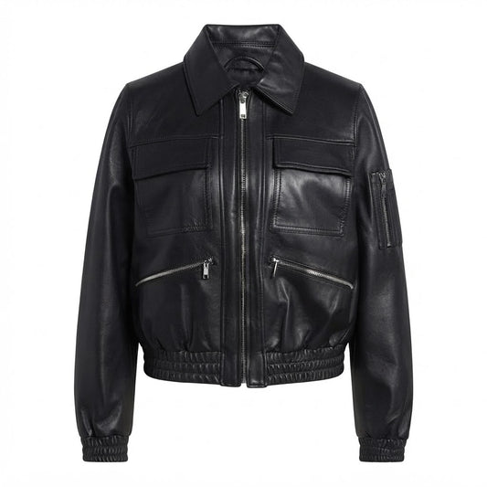 Women’s Black Leather Bomber Jacket front view featuring genuine black leather, classic collar, chest flap pockets, front zip, and ribbed hem