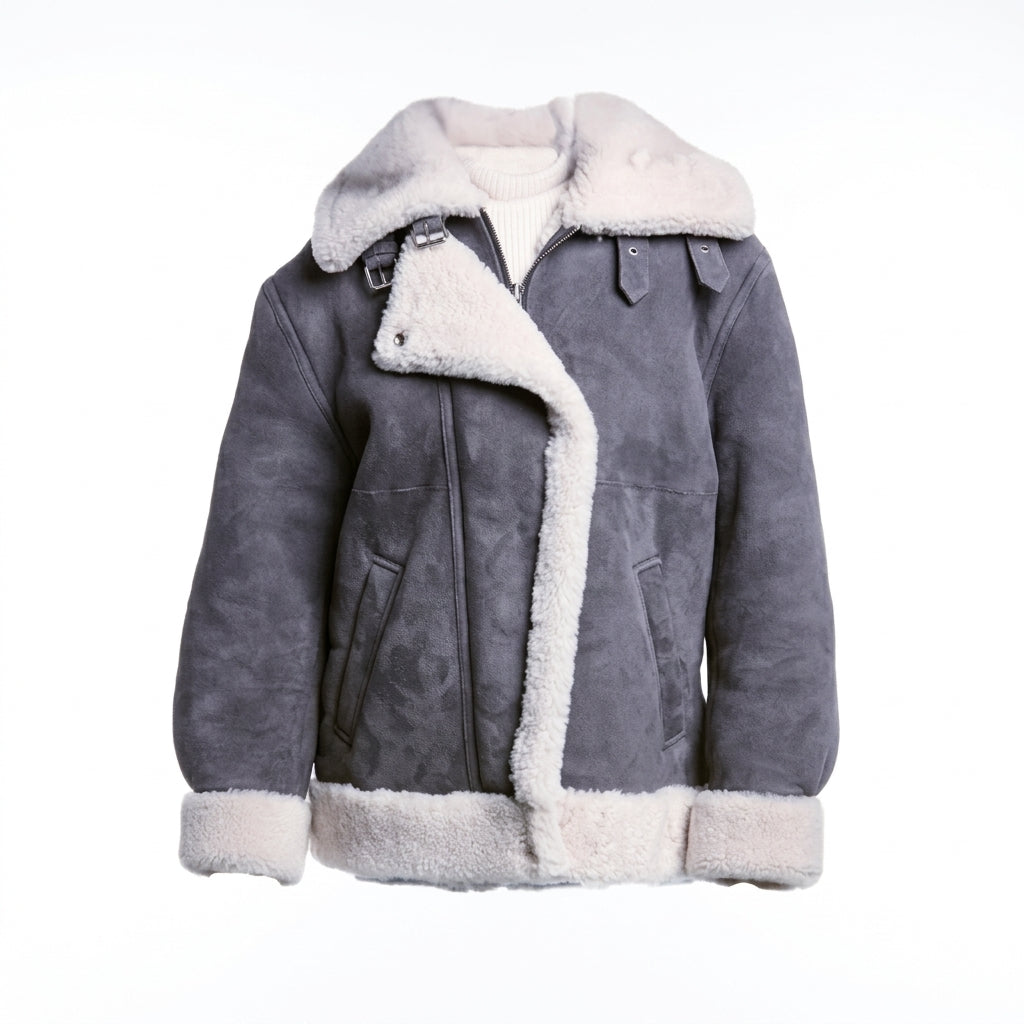 Women's grey suede leather jacket front view showing shearling collar, trim, and soft suede finish.