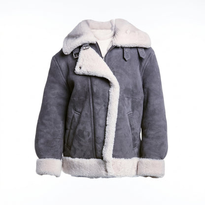 Women's grey suede leather jacket front view showing shearling collar, trim, and soft suede finish.