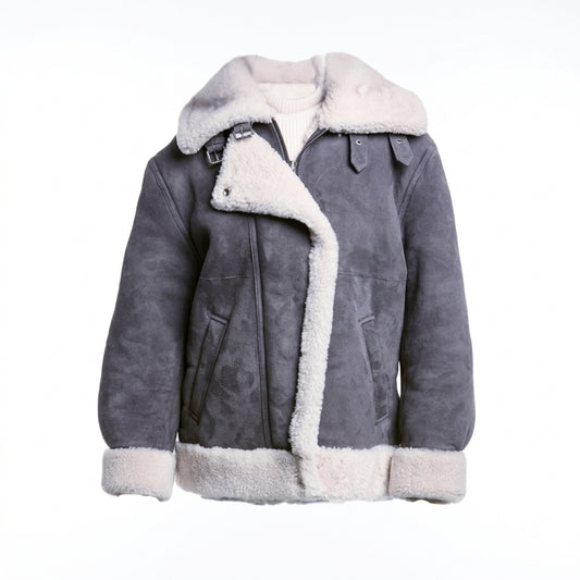 Women's grey suede leather jacket front view showing shearling collar, trim, and soft suede finish.