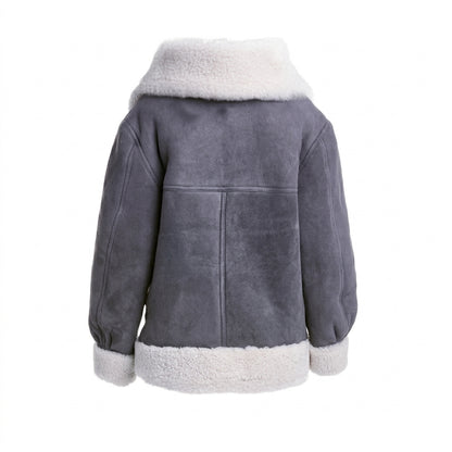 Women's grey suede leather jacket front view showing shearling collar, trim, and soft suede finish.