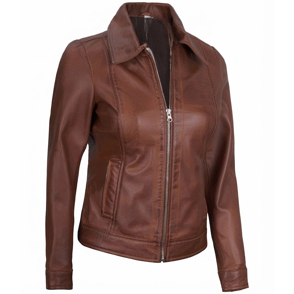 Women's lightweight brown harrington leather jacket front view showing pointed collar and front zipper.