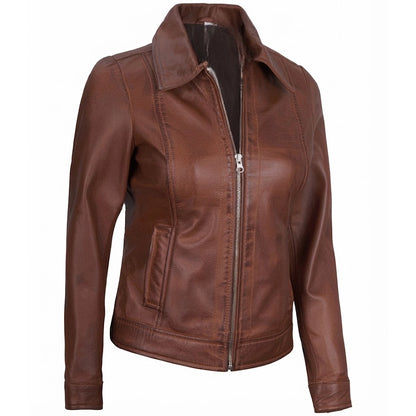 Women's lightweight brown harrington leather jacket front view showing pointed collar and front zipper.