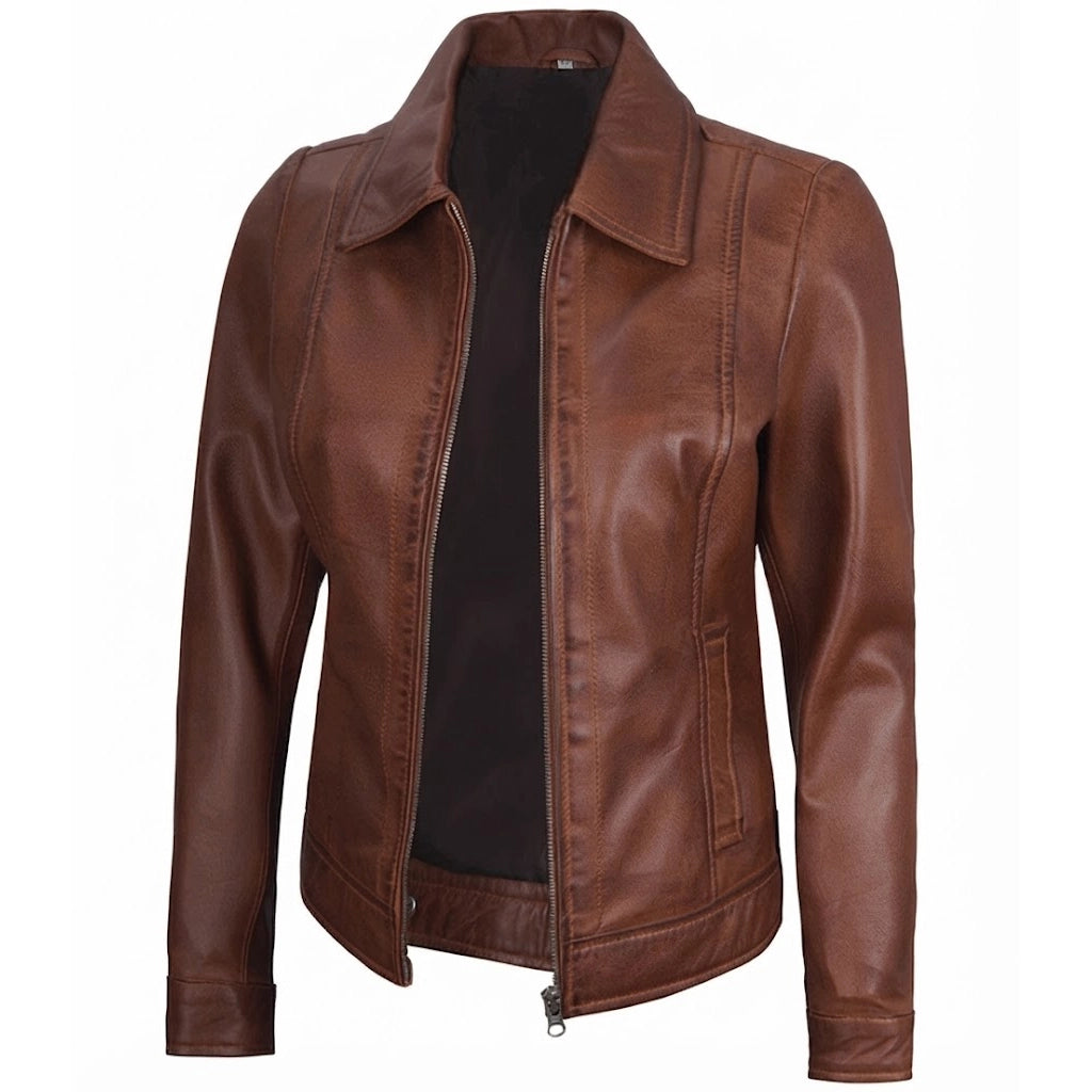 Women's lightweight brown harrington leather jacket front view showing pointed collar and front zipper.
