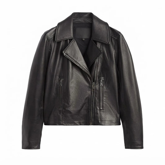 Women’s Motorcycle Leather Jacket front view featuring genuine black leather, asymmetric front zip, notched lapels, and zipped pockets