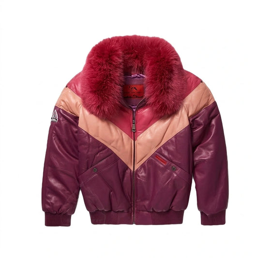 Women’s Original Goose V Bomber Leather Jacket with berry fur collar 
