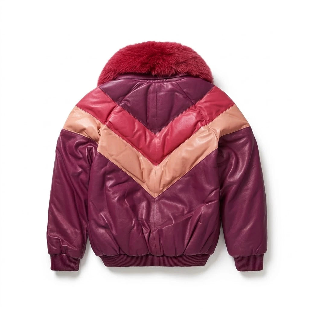 Women’s Original Goose V Bomber Leather Jacket with berry fur collar 