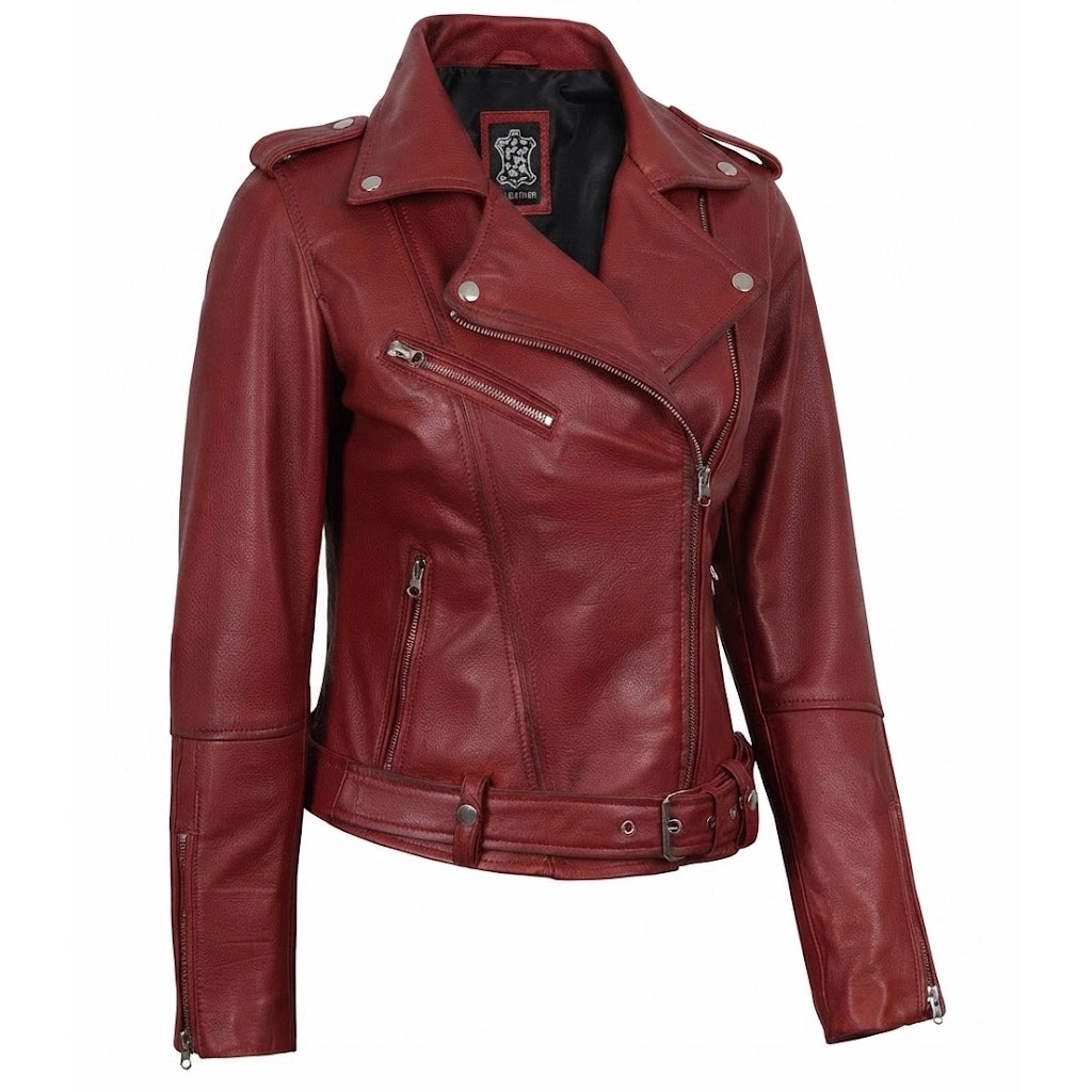 Women's red asymmetrical padded leather biker jacket front view showing quilted shoulder details and asymmetric zipper.